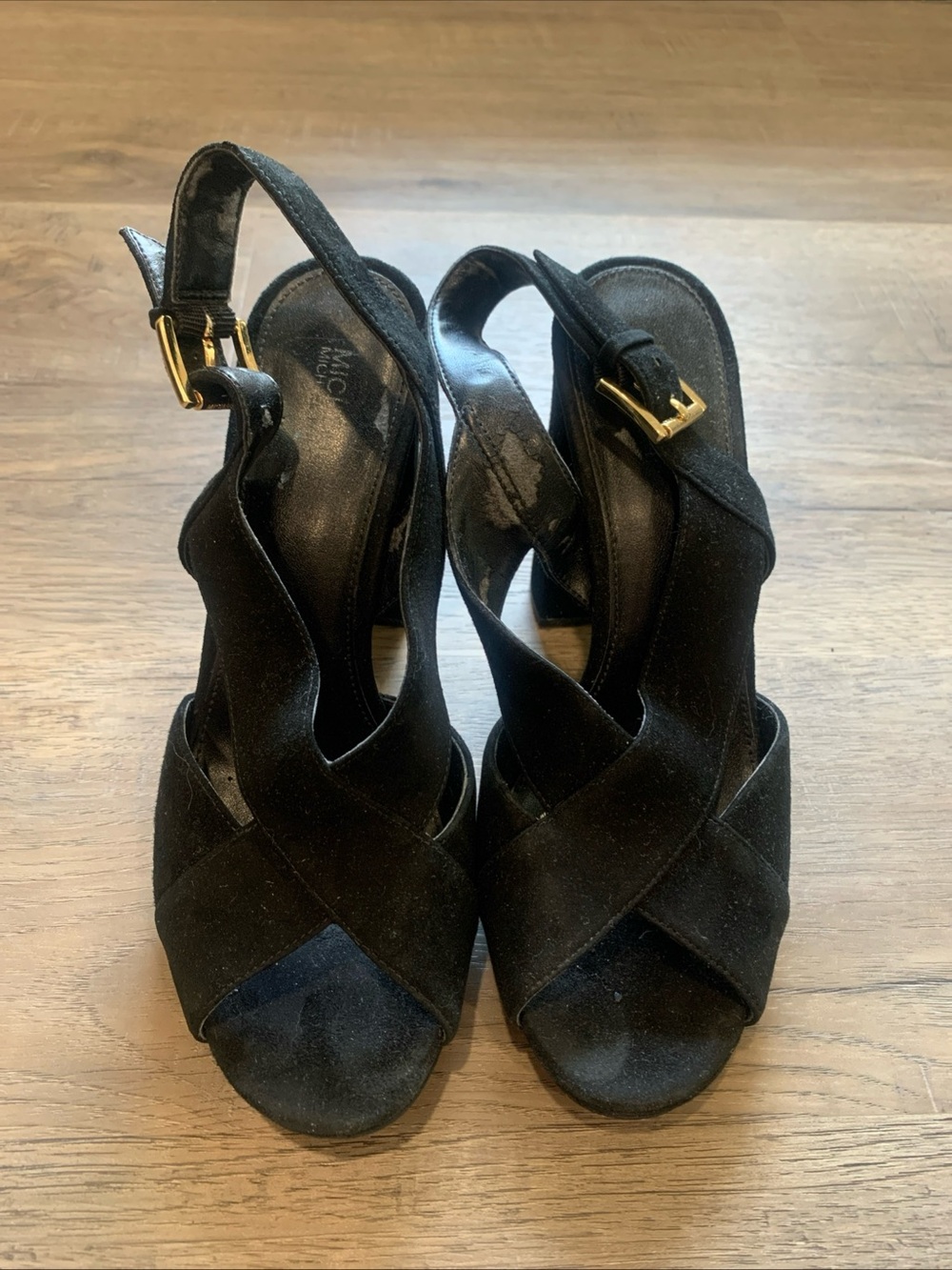 Michael Kors Black Suede Crisscross Slingback Heels with Gold Buckle